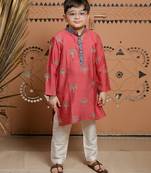Pink block printed cotton silk kurta set