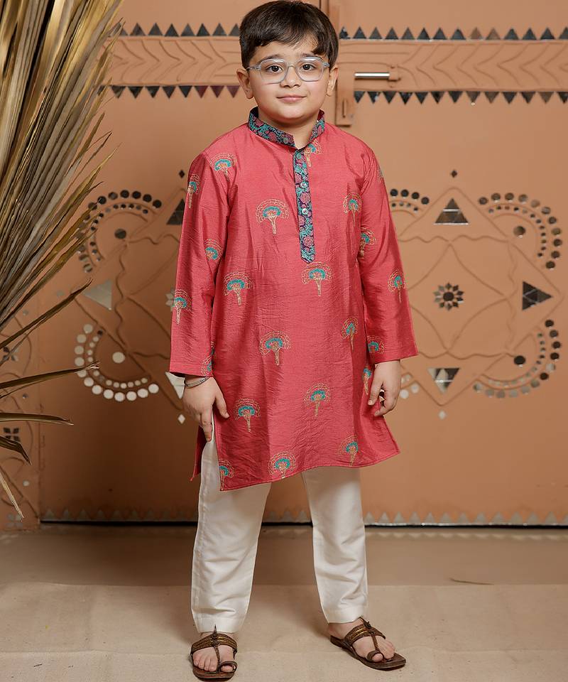 Pink block printed cotton silk kurta set