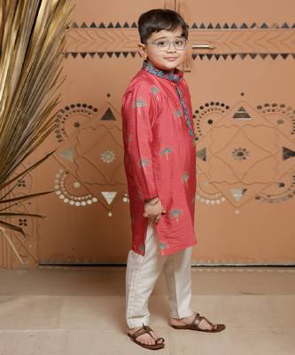 Pink block printed cotton silk kurta set 2