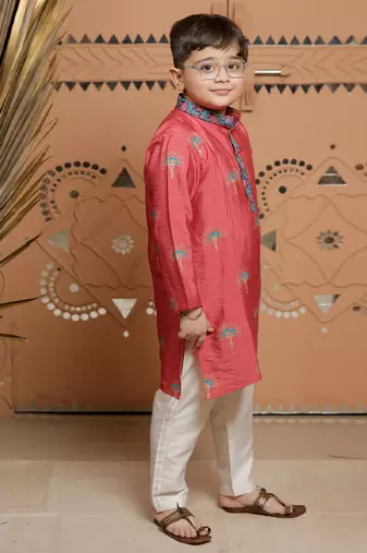 Pink block printed cotton silk kurta set
