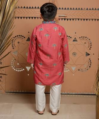 Pink block printed cotton silk kurta set 3