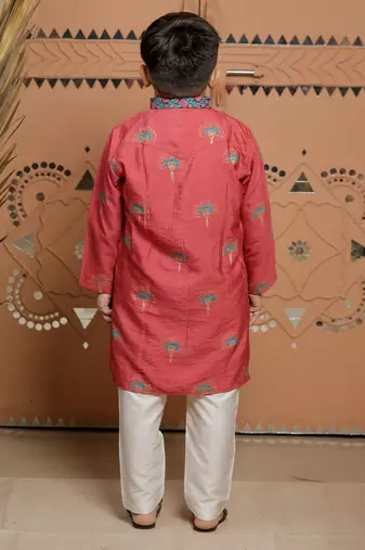 Pink block printed cotton silk kurta set