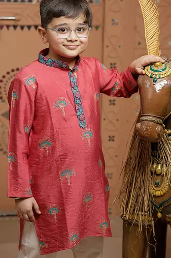 Pink block printed cotton silk kurta set