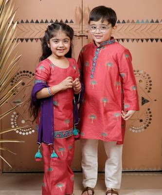 Pink block printed cotton silk kurta set 5