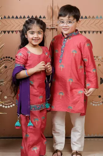 Pink block printed cotton silk kurta set