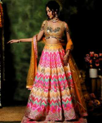 Multicolor Mirror Embroidered Raw Silk Lehenga Set 1