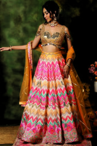 Multicolor Mirror Embroidered Raw Silk Lehenga Set
