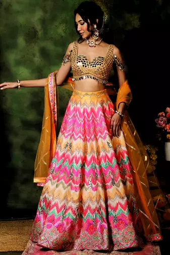 Multicolor Mirror Embroidered Raw Silk Lehenga Set