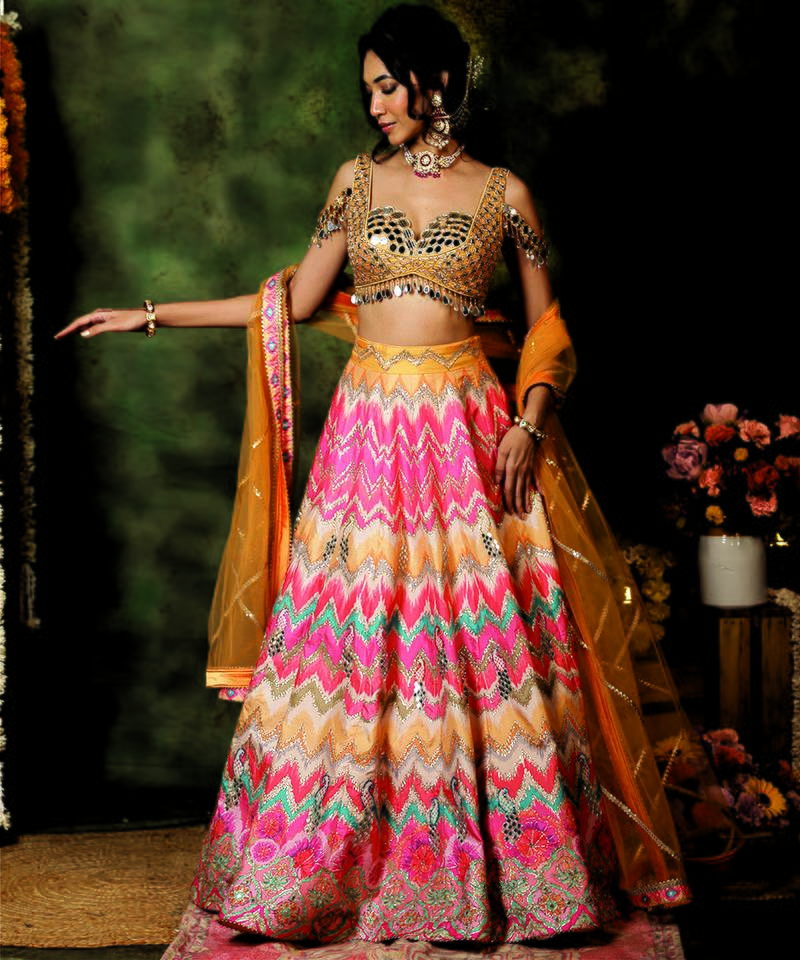 Multicolor Mirror Embroidered Raw Silk Lehenga Set