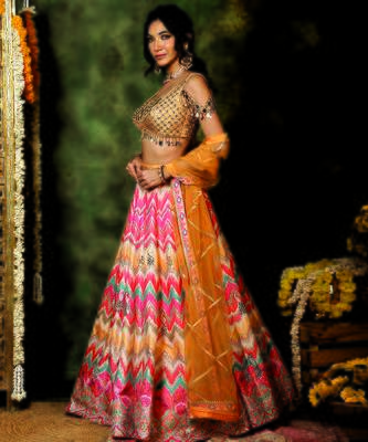 Multicolor Mirror Embroidered Raw Silk Lehenga Set 2