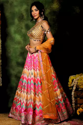Multicolor Mirror Embroidered Raw Silk Lehenga Set