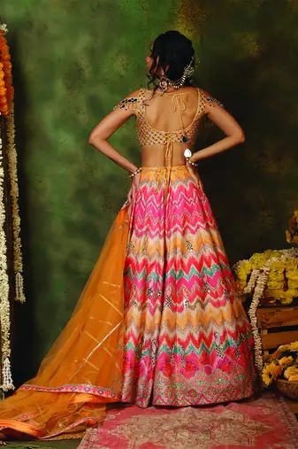 Multicolor Mirror Embroidered Raw Silk Lehenga Set