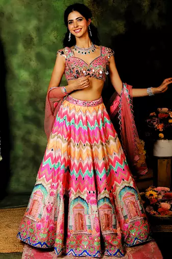 Multicolor Mirror Embroidered Raw Silk Lehenga Set