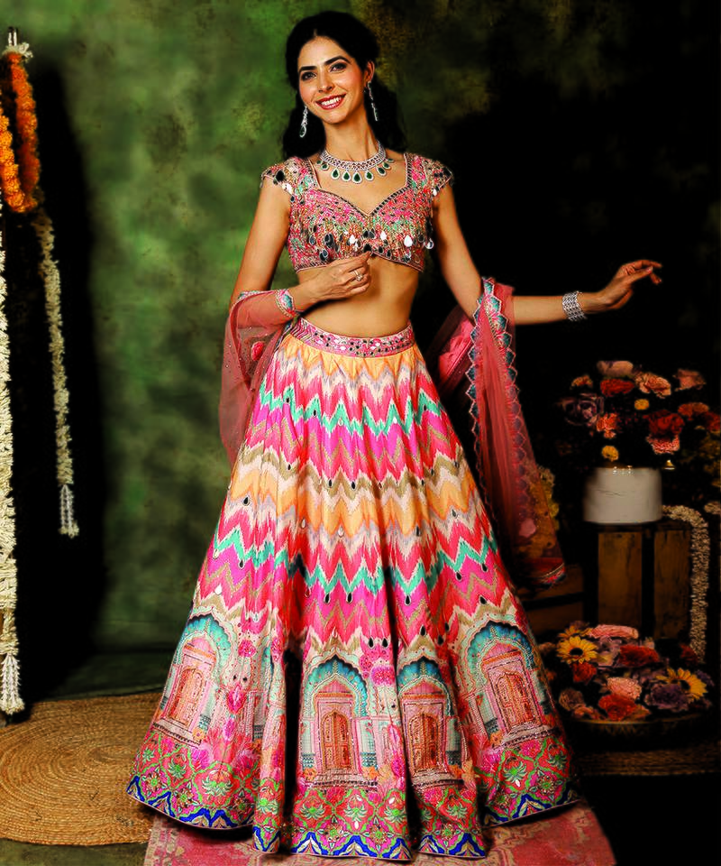 Multicolor Mirror Embroidered Raw Silk Lehenga Set