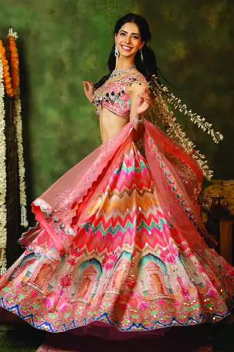 Multicolor Mirror Embroidered Raw Silk Lehenga Set