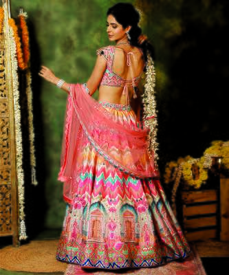 Multicolor Mirror Embroidered Raw Silk Lehenga Set 3