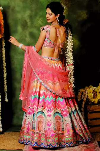 Multicolor Mirror Embroidered Raw Silk Lehenga Set