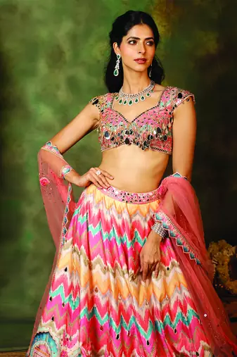Multicolor Mirror Embroidered Raw Silk Lehenga Set