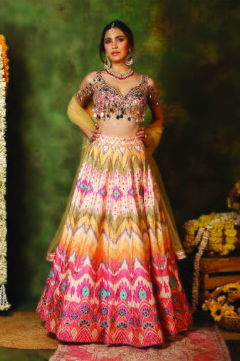 Multicolor Mirror Embroidered Raw Silk Lehenga Set