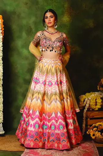 Multicolor Mirror Embroidered Raw Silk Lehenga Set