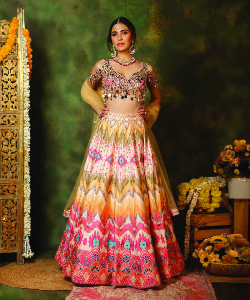 Multicolor Mirror Embroidered Raw Silk Lehenga Set