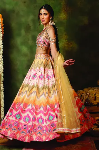 Multicolor Mirror Embroidered Raw Silk Lehenga Set