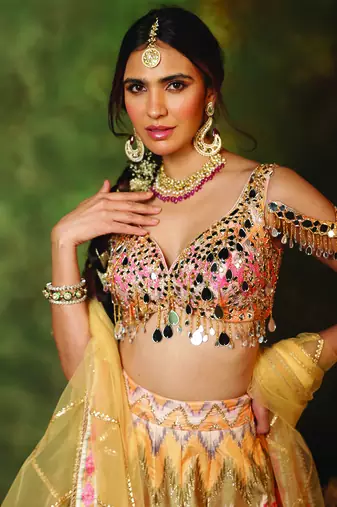 Multicolor Mirror Embroidered Raw Silk Lehenga Set