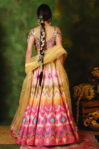Multicolor Mirror Embroidered Raw Silk Lehenga Set