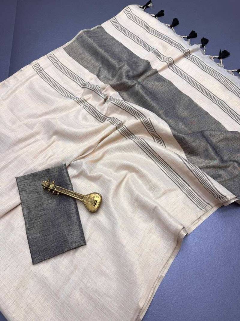 Grey woven cotton silk saree with blouse piece