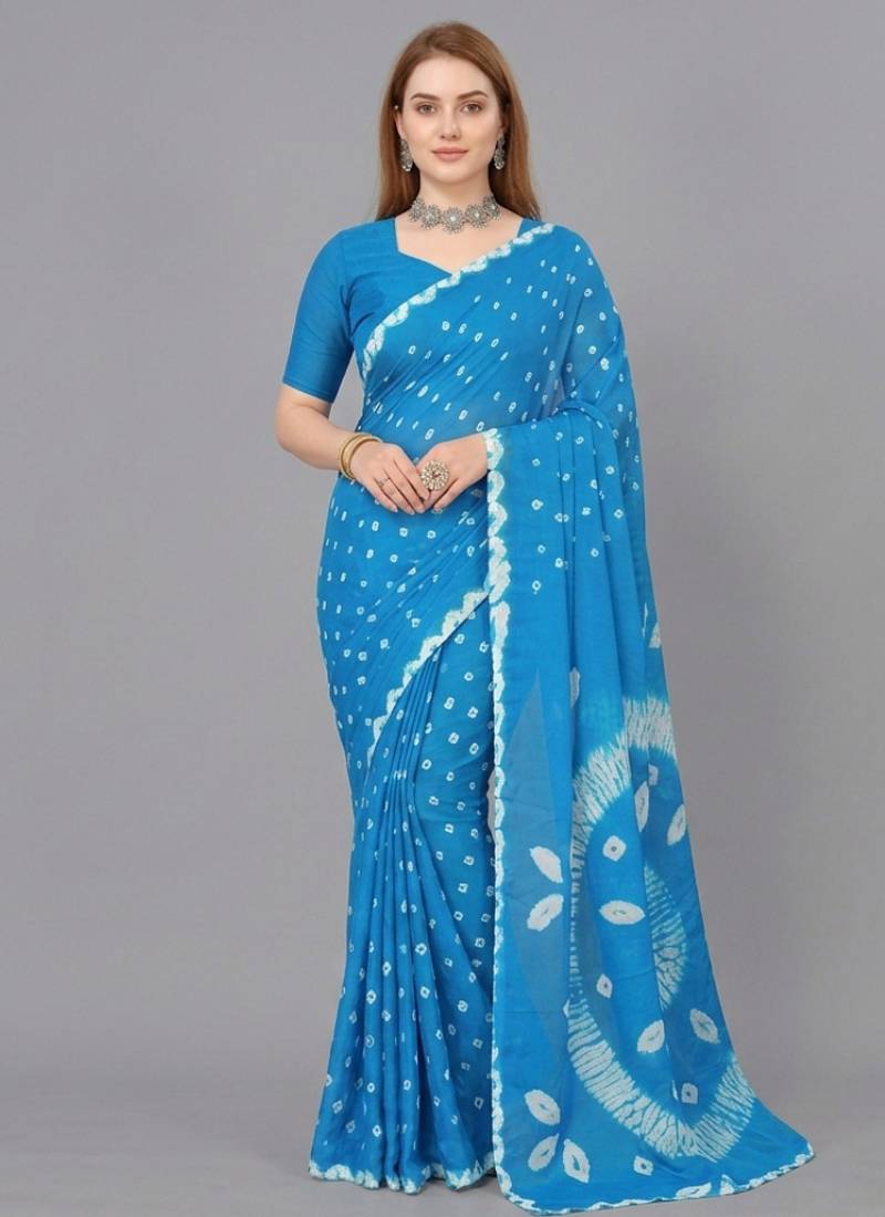 Blue printed art silk saree with blouse piece