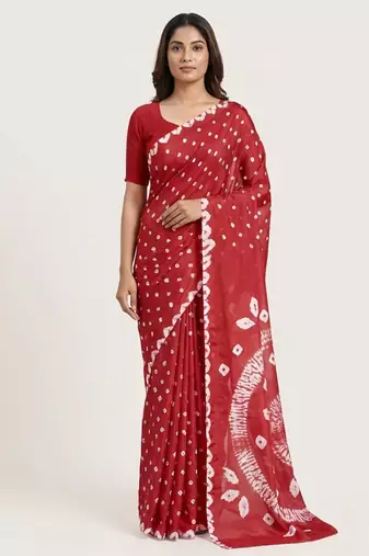 Dark red printed art silk saree with blouse piece