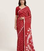 Dark red printed art silk saree with blouse piece