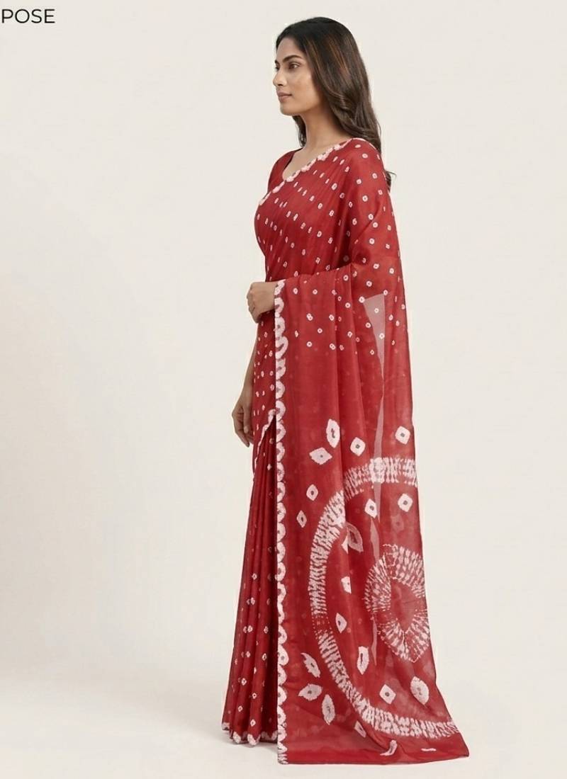 Dark red printed art silk saree with blouse piece