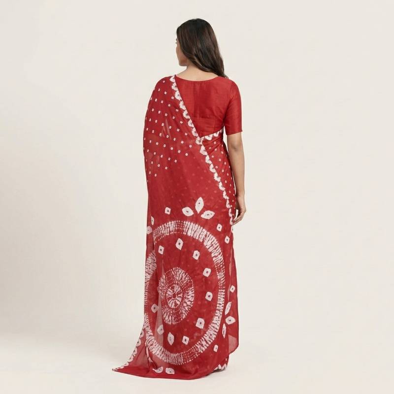 Dark red printed art silk saree with blouse piece