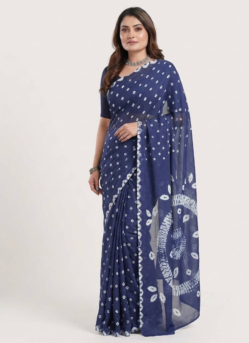 Navy blue printed art silk saree with blouse piece