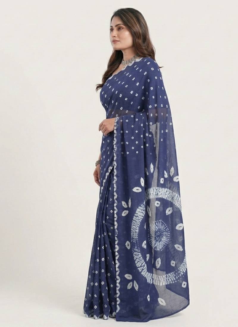 Navy blue printed art silk saree with blouse piece