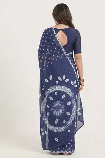 Navy blue printed art silk saree with blouse piece