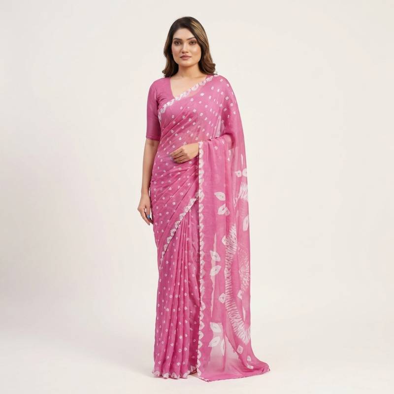 Pink printed art silk saree with blouse piece