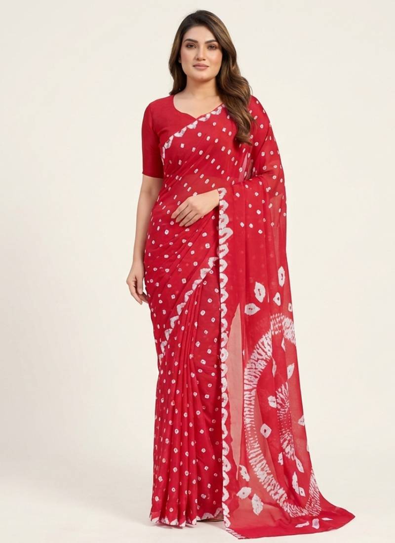 Red printed art silk saree with blouse piece