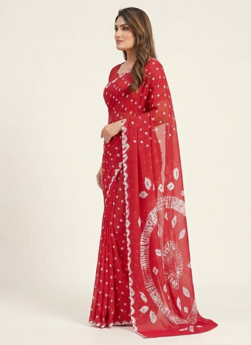 Red printed art silk saree with blouse piece