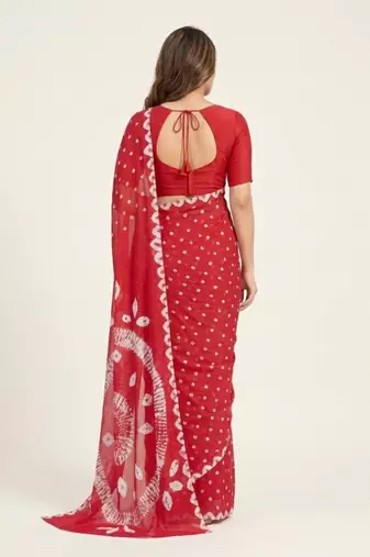 Red printed art silk saree with blouse piece