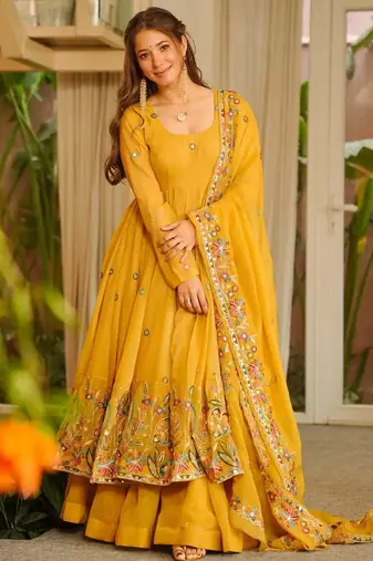 Yellow crunshy silk party wear embroidery sharara    suit set