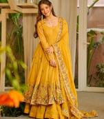 Yellow crunshy silk party wear embroidery sharara    suit set