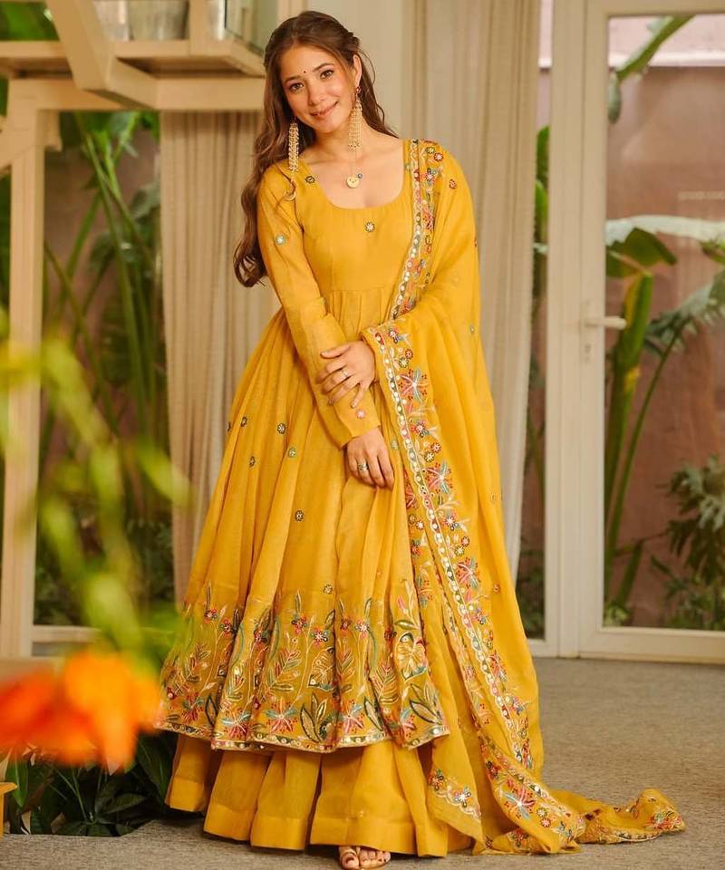 Yellow crunshy silk party wear embroidery sharara    suit set