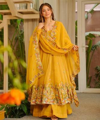 Yellow crunshy silk party wear embroidery sharara    suit set 3