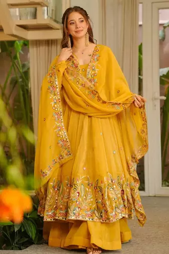 Yellow crunshy silk party wear embroidery sharara    suit set