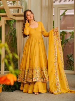 Yellow crunshy silk party wear embroidery sharara    suit set 4