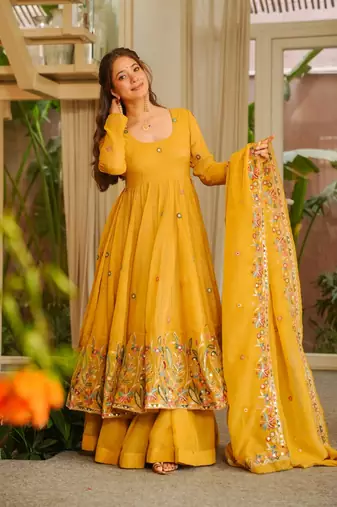 Yellow crunshy silk party wear embroidery sharara    suit set