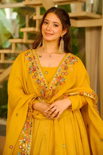Yellow crunshy silk party wear embroidery sharara    suit set