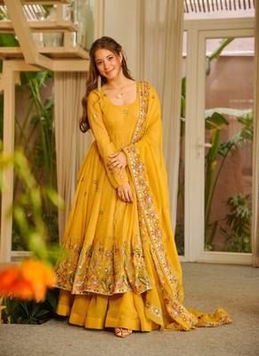 Yellow crunshy silk party wear embroidery sharara    suit set 6